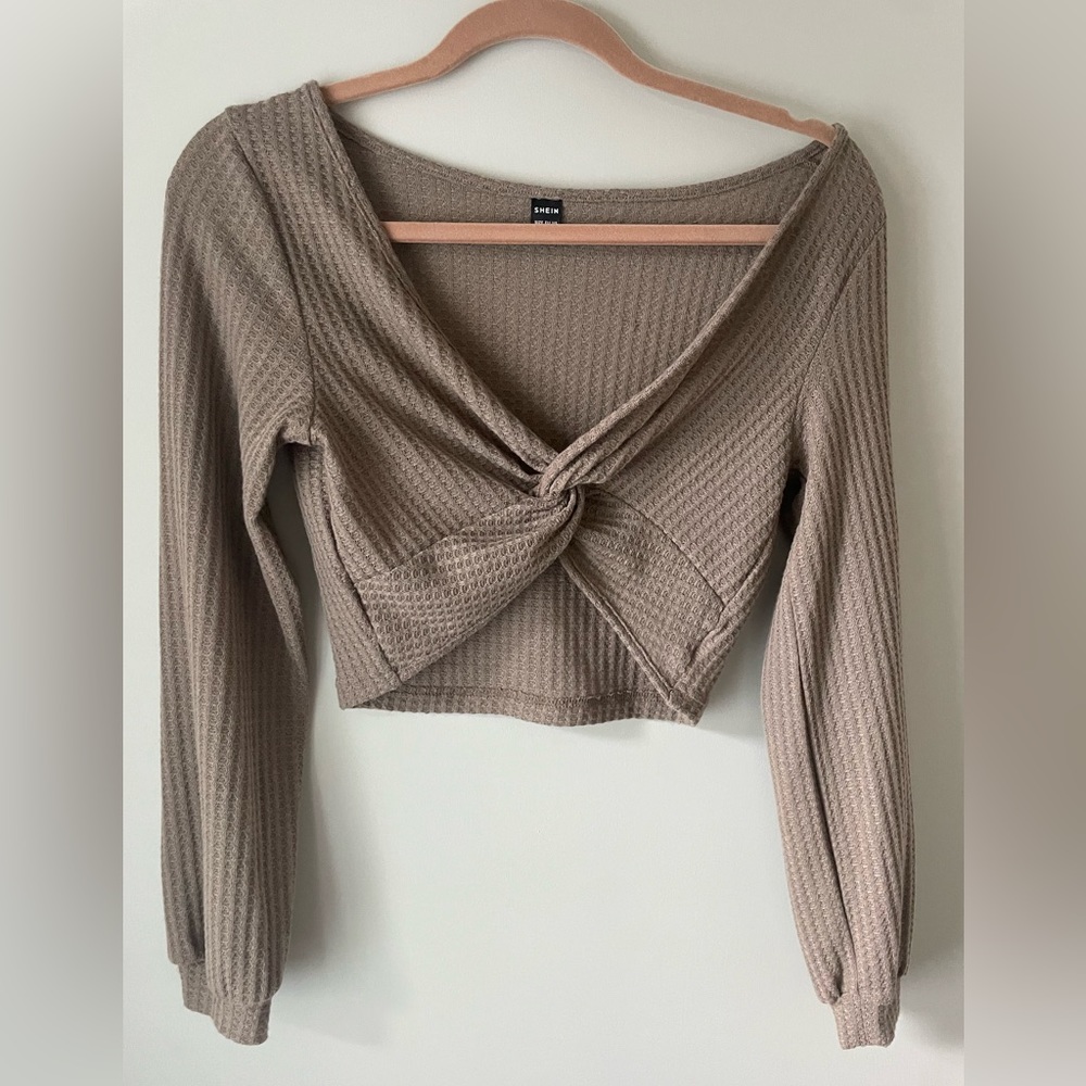 Brown ribbed twist front top